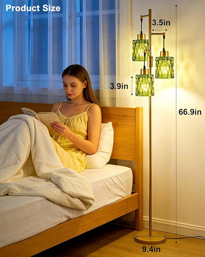3-Light Modern Glass Floor Lamp, Gold Standing Tall Lamp with Green Cylinder Glass Shade for Reading, Dimmable LED Floor Lamp with 5Lbs Heavy Base for Living Room Bedroom Home Decor, Bulb Included