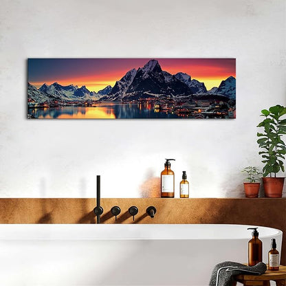 AREBOLO Sunset Mountain Canvas Wall Art Lake Landscape Pictures Nature Wall Decor Snowy Mountains Painting Sunrise Village Scenery Poster Prints Artwork for Living Room Office Home Decorations 14x48”