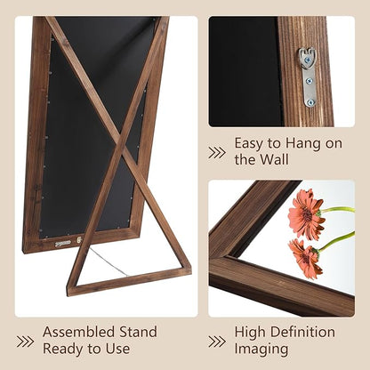 Farmhouse Standing Mirror Full Length, 64"X21" Rustic Wood Frame Floor Mirror with Stand, Full Body Mirror for Bedroom Living Room Entryway, Hanging or Leaning Wall-Mounted, Tempered Glass, Brown