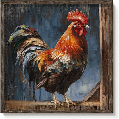 Vintage Rooster Wall Art Decor: Farmhouse Animal Picture Country Chicken Framed Artwork Farm Cock Painting is the Perfect Combination of Energy Nature for the Kitchen Country House Living Room 12"x12"