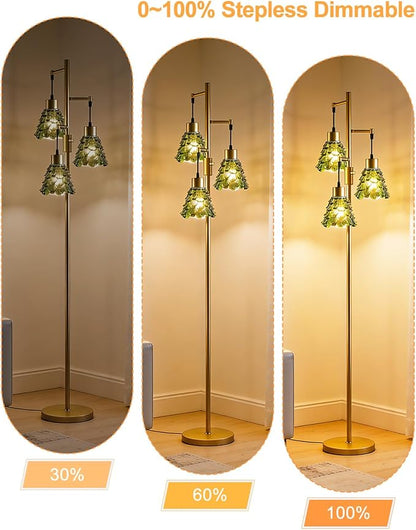 3-Light Modern Glass Floor Lamp, Gold Standing Tall Lamp with Green Pinecone Glass Shade for Reading, Dimmable LED Floor Lamp with 5Lbs Heavy Base for Living Room Bedroom Home Decor, Bulb Included