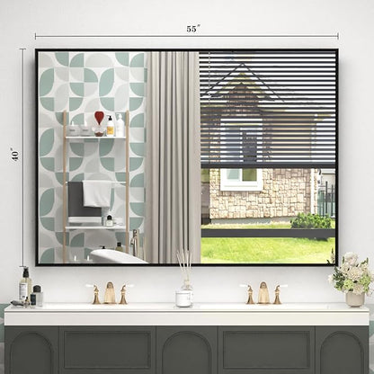 55" x 40" Matte Black Bathroom Mirror for Wall, Rectangular Beveled Vanity Mirror with Aluminum Alloy Frame, Right Angle Corner, HD Reflection, Horizontal or Vertical Mount