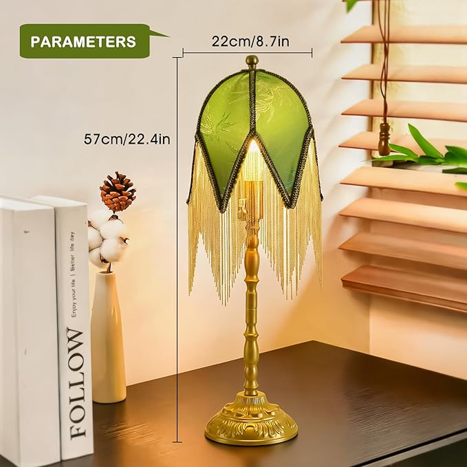 WELAISA- Vintage Table Lamp with Beaded Tassels, Metal Base Farmhouse Decorative Table Lamp for Reading-B