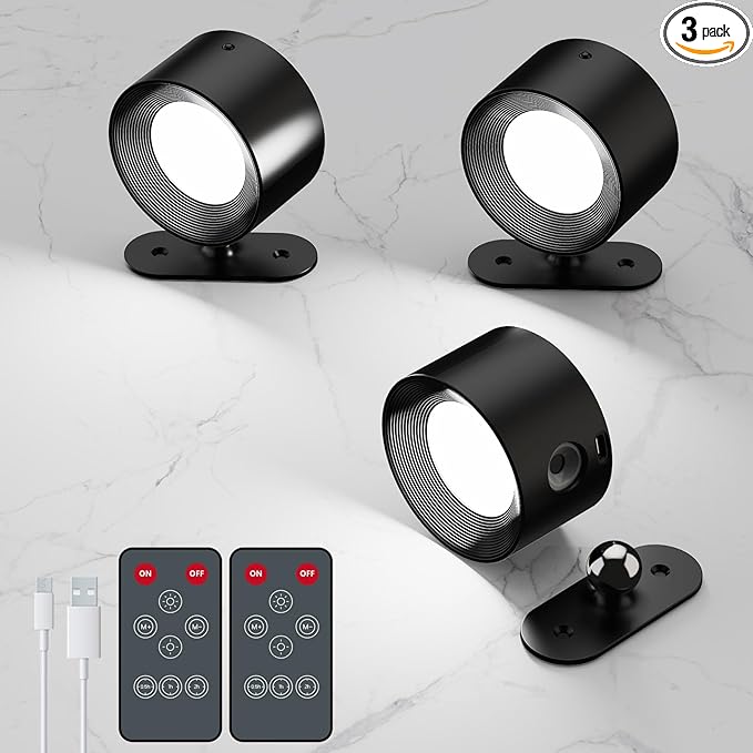 AKSDA 3Pack Battery Operated Wall Sconce, 3 Color Modes 3 Brightness Levels 360°Rotation Lighting Timer Touch & Remote Control, Wall Mounted Lamp LED Wall Lights for Bedroom Reading Bedside (Black)