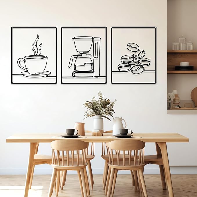 3 Pieces Metal Minimalist Line Kitchen Signs Wall Decor Drawing Rustic Kitchen Wall Art for Dining Living Room Home, 14 x 11 Inches (Coffee,Black)