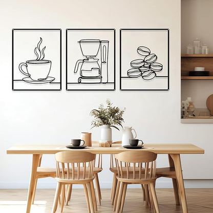3 Pieces Metal Minimalist Line Kitchen Signs Wall Decor Drawing Rustic Kitchen Wall Art for Dining Living Room Home, 14 x 11 Inches (Coffee,Black)