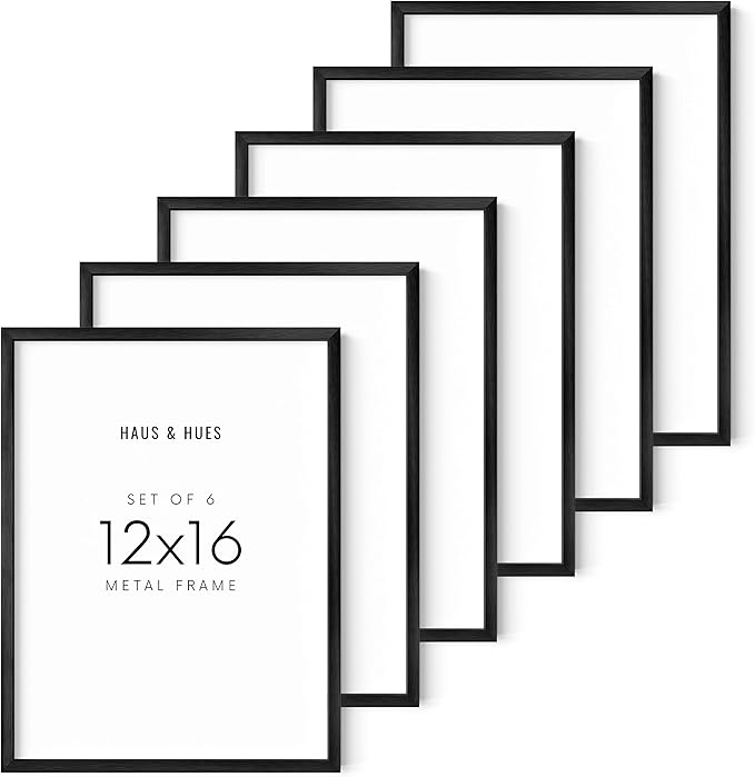 HAUS AND HUES 12x16 Black Metal Picture Frames - Features Premium Aluminum & Hanging Hardware, Shatterproof Plexiglass - Ideal for Home, Room, Office (12x16 in, Black, Set of 6)