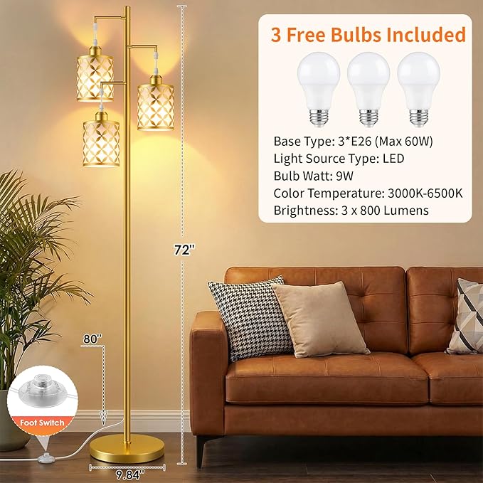 Dimmable Floor Lamp, Farmhouse Standing Lamp with Elegant Metal Cage, Industrial Tall Tree Floor Lamps for Living Room, Bedroom, Study Room, Office, 3 x 800LM LED Bulbs Included, 72", Gold