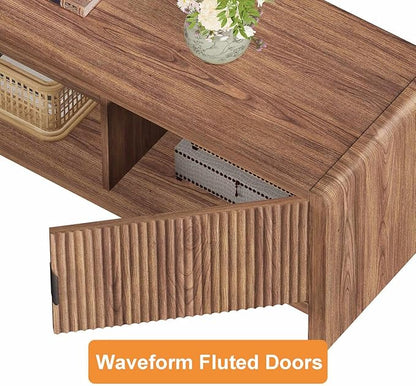 FATORRI TV Stand for 75/65/55 Inch TVs, Farmhouse Entertainment Center with Storage, Wood Waveform Fluted-Door Television Media Console for Living Room,Bedroom (63" W, Walnut)
