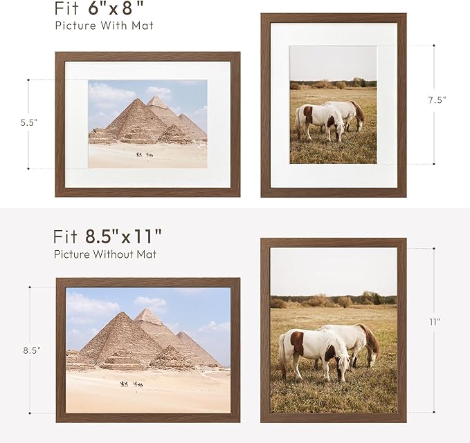 8.5x11 Picture Frame, Solid Oak Wood 8.5 by 11 Picture Frame with Mat to 6x8(Openning Size is 5.5x7.5), 11x8.5 Natural Oak Frames for Wall and Tabletop Display, (Walnut Set of 1)