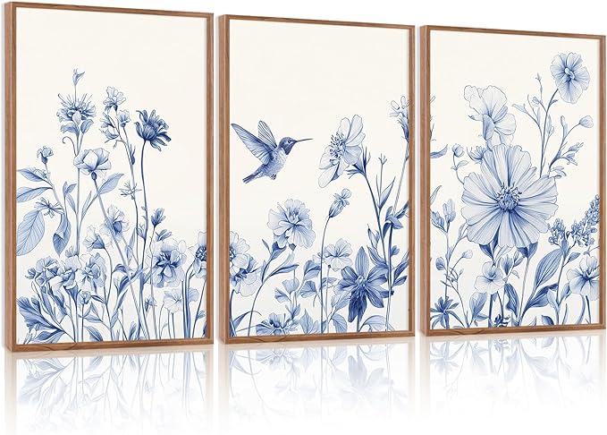 HLNIUC Vintage Blue Bird Flower Framed Canvas Wall Art,Large Chinoiserie Floral Wall Decor,Blue White Botanical Artwork Set of 3 (24x36),Watercolor Blossom Prints for Living Room,Bedroom,Office
