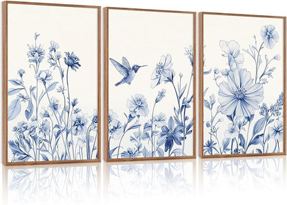 HLNIUC Vintage Blue Bird Flower Framed Canvas Wall Art,Large Chinoiserie Floral Wall Decor,Blue White Botanical Artwork Set of 3 (24x36),Watercolor Blossom Prints for Living Room,Bedroom,Office