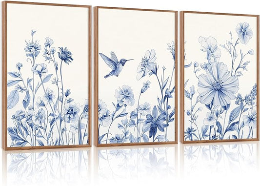 HLNIUC Vintage Blue Bird Flower Framed Canvas Wall Art,Large Chinoiserie Floral Wall Decor,Blue White Botanical Artwork Set of 3 (24x36),Watercolor Blossom Prints for Living Room,Bedroom,Office