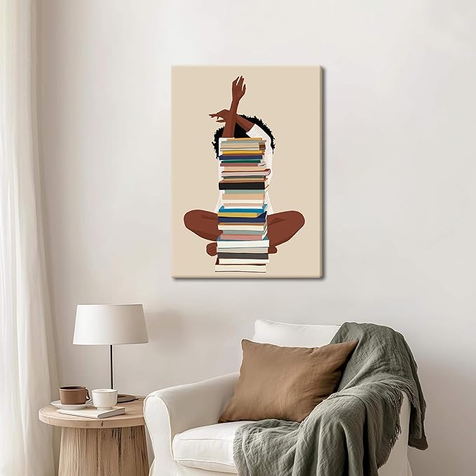 AKWISH Black Girl Canvas Wall Art – African American Wall Decor, Modern Black Woman with Book Art for Bedroom Living Room – Framed 36x24 inch