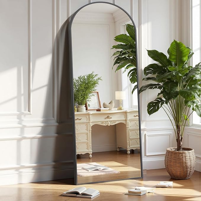 OLIXIS Arched Full Length Mirror for Bedroom, 56"x15" Full Body Mirror with Stand, Hanging or Leaning for Wall, Aluminum Alloy Thin Frame Floor Standing for Living Room, Long, Black