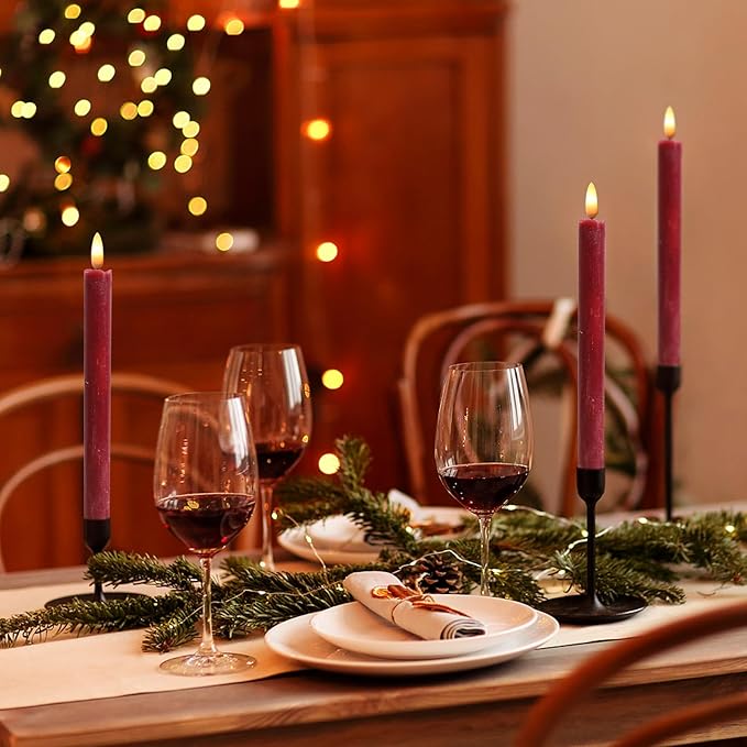 Red Flameless Taper Candles Battery Operated with 6H Timer, Real Wax 3D Wick Flickering LED Taper Candles Dinner Wedding Holiday Decor(6 Pack, 0.78 x 9.64 Inches)