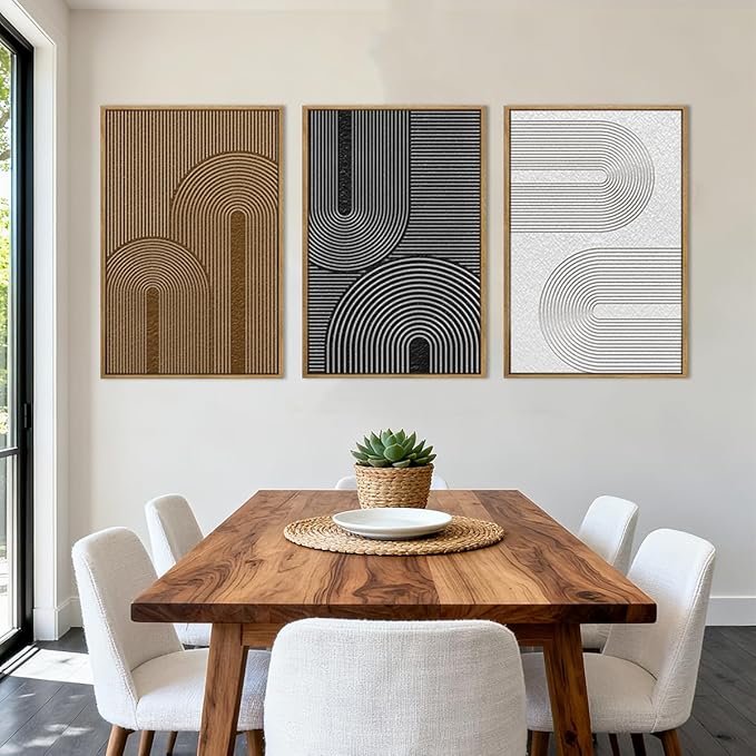 BINCUE Abstract Neutral Canvas Paintings Framed Modern Wall Art Neutral Geometric Wall Decor Modern Abstract Artwork Black and White Wall Paintings Brown Wall Pictures for Bedroom Living Room Office 16x24 Inch Set of 3