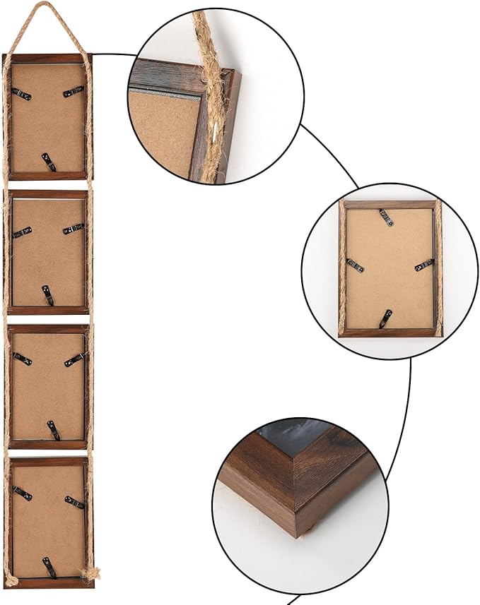 Lavezee 4x6 Hanging Collage Picture Frames Set of 2, 8 Opening Vertical Frame for Wall Mounting, Walnut Brown
