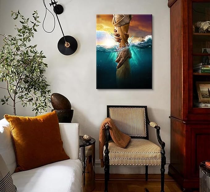 Jesus Christ Canvas Wall Art The Hand of God Jesus Reaching Into Water Christian Painting Prints Biblical Wall Decor Religious Room Decor for Church Living Prayer Bedroom Room Hospitals 16x24In canvas