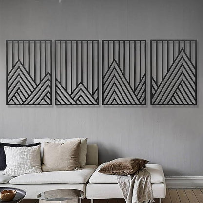 AMAATE Black Metal Wall Art, 4 Pieces Minimalist Geometric Mountain Line Art Sculpture, Hollowed Out Abstract Modern Metal Hanging Decor for Living Room Bedroom Office 11" X 14.6" in