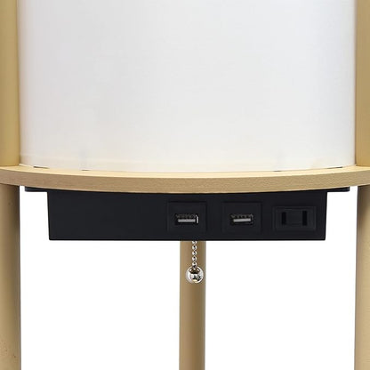 Simple Designs LF2010-TAN 62.5" Round Modern Shelf Etagere Organizer Storage Floor Lamp with 2 USB Charging Ports, 1 Charging Outlet and Linen Shade for Living Room Bedroom Office, Tan