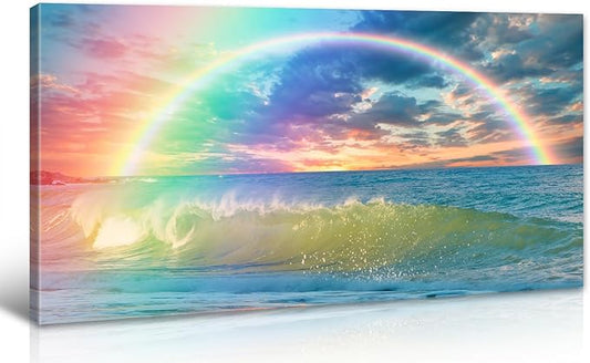 DJSYLIFE Rainbow Wall Decor - Ocean Canvas Wall Art Modren for Girls Room Seascape View Wave Painting Artwork Home Living Room Bedroom Bathroom Decorations Framed Ready to Hang 20" x 40"