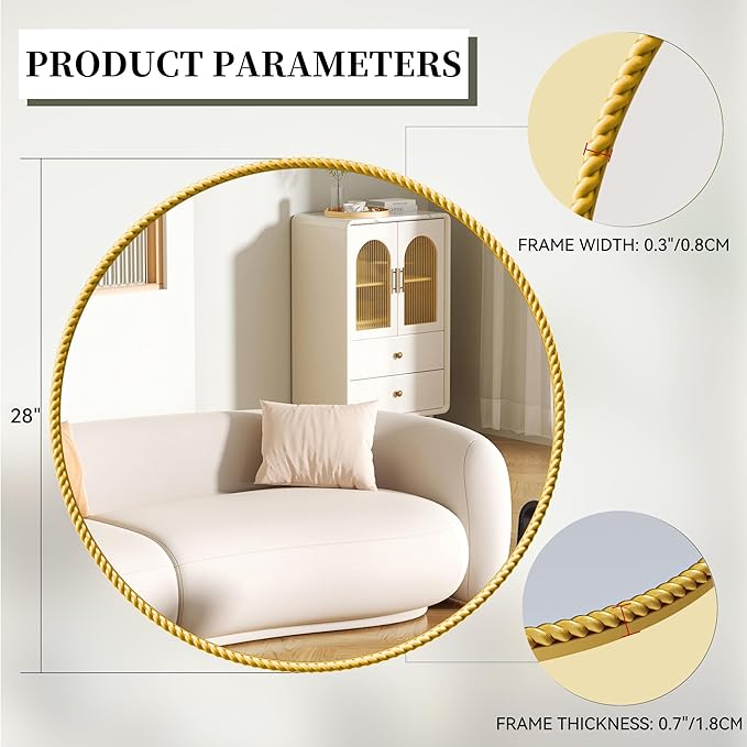 PROHOMEWARE Gold Round Bathroom Mirrors, 28 inch Circle Wall Mounted Hanging Mirror for Entryway, Living Room, Hallway, Bathroom, Bedroom
