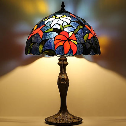 Tiffany Lamp Stained Glass Table Lamp Bedside Reading Lamp 12 x 19” Irises Style Decorative Lamp for Desk Study Living Room Bedroom Office Light Decor Gift
