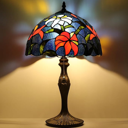 Tiffany Lamp Stained Glass Table Lamp Bedside Reading Lamp 12 x 19” Irises Style Decorative Lamp for Desk Study Living Room Bedroom Office Light Decor Gift