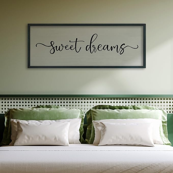 FZMHASLWW Sweet Dreams Wall Decor Above Bed Sign 40" x 15" Wood Framed Rustic Master Bedroom Over Bed Farmhouse Guest Room Signs Wall Art Decoration (Black)