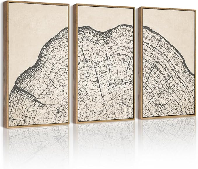 PHOPAGO Farmhouse Vintage Framed Wall Art Set Gray Wood Tree Ring Spirals Nature Abstract Drawings Rustic Modern Art Decor for Living Room Bedroom - 11x14in Natural Framed