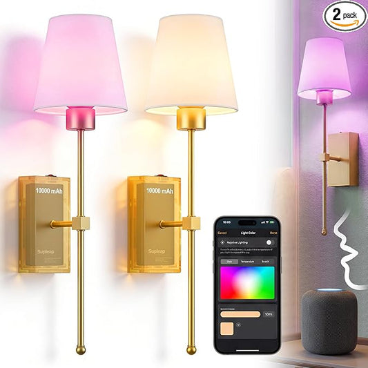 Battery Operated Wall Sconces Set of 2, Smart Rechargeable Wireless Wall Lights with Alexa, Apple Home & Google, RGB Dimmable LED Wall Sconce, 66H Battery Life