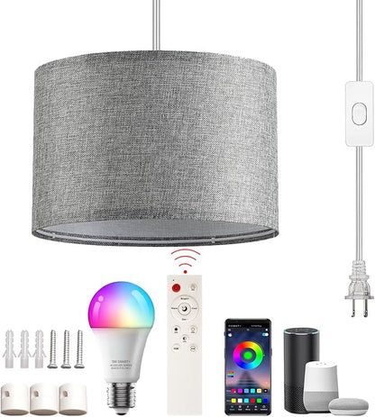 Plug in Hanging Lamp with RGB Smart Bulb Plug-in Cord Pendant Light with 15ft Cord Fixture Pendant Lights for Bedroom Kitchen Living Room Dining Room