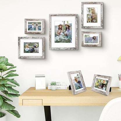 Frametory, Gallery Wall Frame Set of 7 Multiple Sizes 11x14, 8x10, 5x7 Picture Frame Collage with White Mat for Prints, with Real Glass (Distressed White)