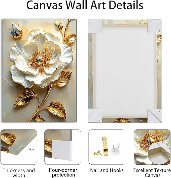 Modern White Floral Golden Leaves Canvas Wall Art Set, Neutral 3d Textured Flowers Wall Painting Pictures Boho Beige Blossom Wall Decor Posters Print Artwork for Bedroom Living Room Office 20x28x3Pcs