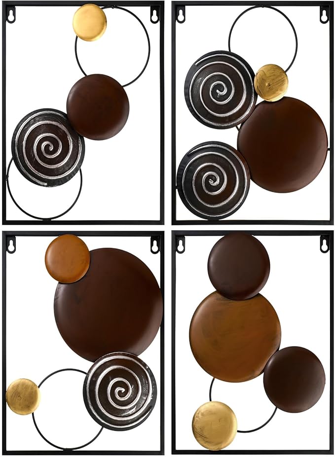 Tandefio 4 Pcs Metal Wall Art Abstract Wall Decoration Brown Metal Decor 14'' x 11'' Minimalist Sculptures Decor Round Style Iron Modern Accent Hanging Housewarming Gift for Home Living Room Bedroom