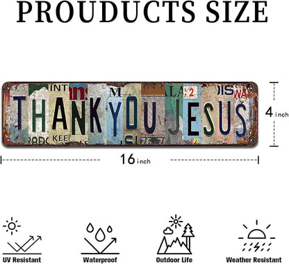 Vintage "Thank You Jesus" Metal Tin Sign - Religious Inspirational Wall Art for Home, Church, Prayer Room, Farmhouse Décor - 4x16 Inch