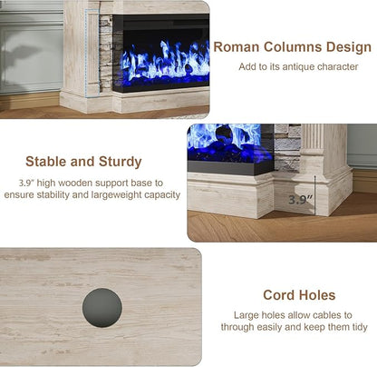 QUW Fireplace TV Stand for TVs up to 65", Farmhouse 52"Fireplace Entertainment Center with 36" 3-Side Glass Electric Fireplace, TV Console with Open Storage Shelves for Living Room, Antique Brush Grey