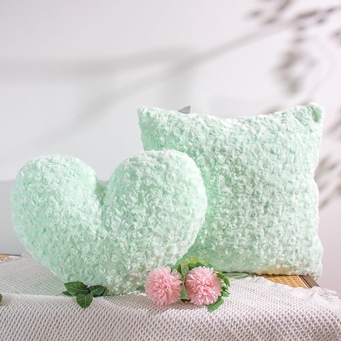 16" Minty Sage Heart Pillow, Luxury 600GSM Rose Textured Faux Rabbit Fur, Fresh Seafoam Green Aesthetic Throw Pillow for Bedroom, Soft Matte Pastel Green Heart Cushion
