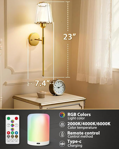 Adetu Crystal Battery Operated Wall Sconce Set of 2, Gold Rechargeable Wall Sconce with 10000mAh Magnetic Bulbs and Remote Control, RGB Dimmable Wireless Battery Wall Lights for Bedroom Living Room