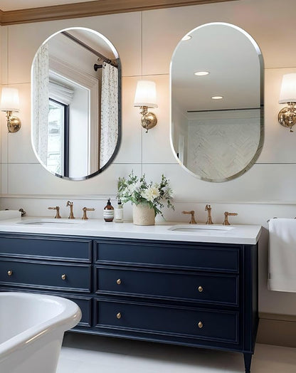 Frameless Oblong Wall Mirror: Decorative Oval Mirrored Glass Vanity with Beveled Silver Edge for Bathroom Bedroom Livingroom Dining Room Entryway Hallway, 32 x 20 inch