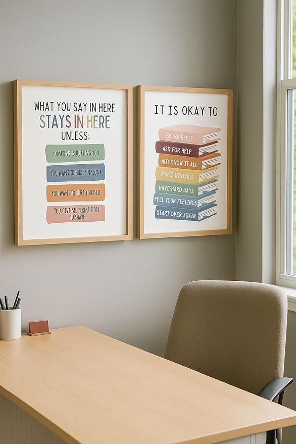 2 Therapy Office & Classroom Wall Decor – What You Say Here Stays Here / It’s Okay to Feel Posters – Emotional Learning Decor for School Counselor, Mental Health Room, Home – Unframed Canvas 11"x14"