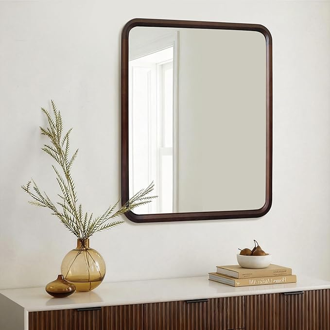 Bathroom Mirror for Wall,Wood Rectangle 30 x 36 inch Hanging Vatiny Tempered Mirrors with Rounded Corner for Living Room,Bedroom,Entryway