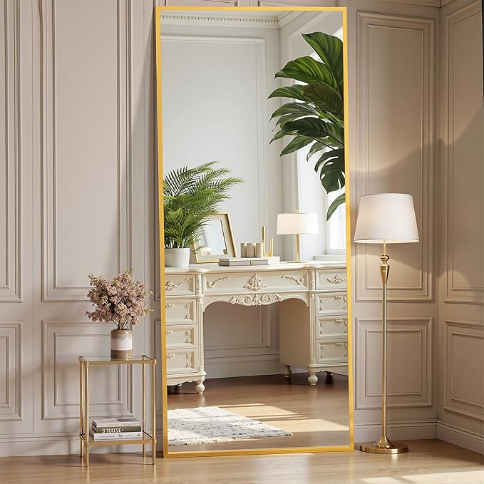OLIXIS 64"x 21.5" Mirror Full Length, Full Body Mirror with Stand, Hanging or Leaning for Wall, Floor Standing with Shatter-Proof Glass for Bedroom, Living Room, Long, Gold