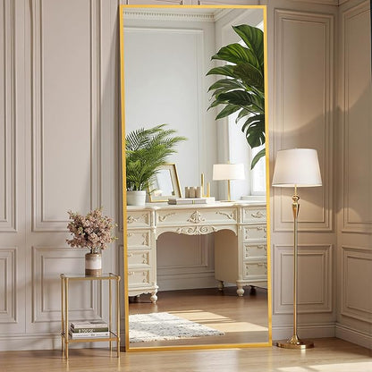 OLIXIS 64"x 21.5" Mirror Full Length, Full Body Mirror with Stand, Hanging or Leaning for Wall, Floor Standing with Shatter-Proof Glass for Bedroom, Living Room, Long, Gold