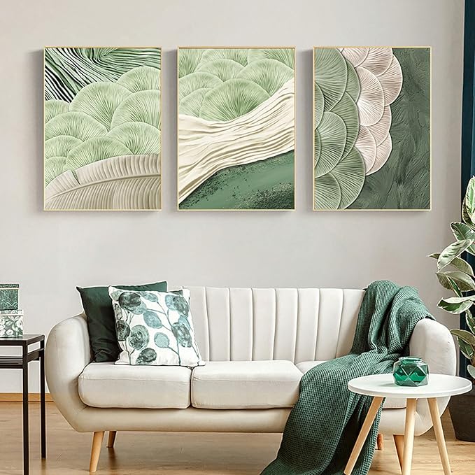 3Pcs Abstract Green Wall Art Mid Century Texture Wall Decor Posters Pictures Modern Minimalist Sage Green Ginkgo Leaf Canvas Paintings Prints for Bedroom Living Room Decoration Unframed