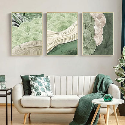 3Pcs Abstract Green Wall Art Mid Century Texture Wall Decor Posters Pictures Modern Minimalist Sage Green Ginkgo Leaf Canvas Paintings Prints for Bedroom Living Room Decoration Unframed
