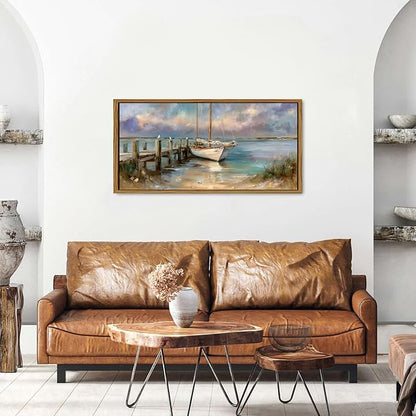 Nautical Boat Wall Art Framed Coastal Bathroom Wall Decor Vintage Classical Beach Artwork Abstract Ocean Landscape Picture Canvas Prints Seascape Seagull Artwork Living Room Home Decorations 20x40