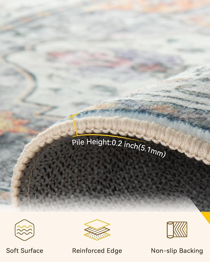 RELEANY Area Rugs 6'x9' Washable Non-Slip, Floral Vintage Distress Print Pattern Medallion Carpet for Living Room Bedroom Dining Room, Light Yellow Carbon Grey Orange