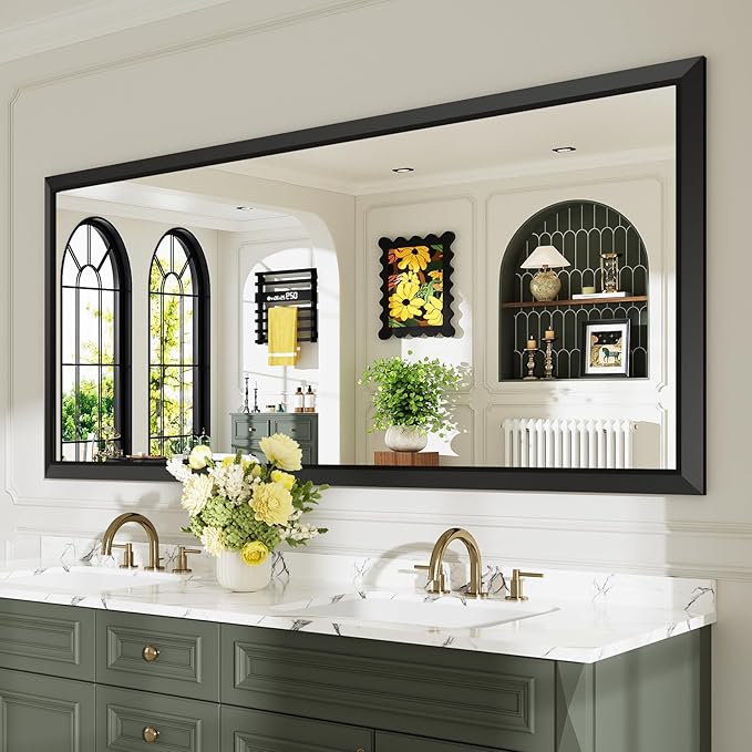 72x32 Inch Black Bathroom Mirror for Wall, Beveled Framed Rectangle Bathroom Vanity Mirrors for Over Sink, Bedroom, Living Room, Entryway, Anti-Rust, HD Tempered Glass, Horizontally/Vertically
